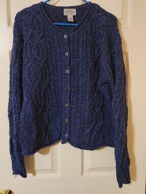 Vintage Sonoma Women's Blue Cable Knit Silk Wool Blend Cardigan Sweater Size XL